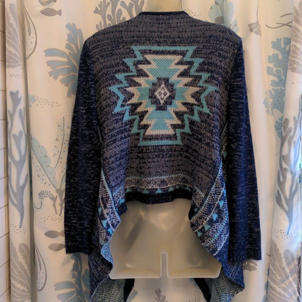 2 for $20 Love on a Hanger Blue Aztec Print Shawl Scarf Hem Sweater Sz S - Picture 4 of 11